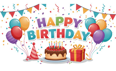 Festive Birthday Banner Design featuring Balloons Cake and Gift perfect for party invitations cards and celebrations