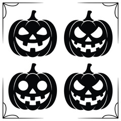 A spooky set of orange Halloween pumpkin icons with carved scary faces, perfect for autumn holiday and jack-o-lantern fun