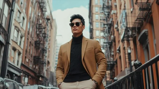 Urban Style.  A man walks a city street in a tan blazer, black turtleneck, and beige pants