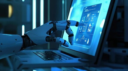Robotic arm interacting with a laptop screen. A highly detailed robotic arm operates a modern laptop. The arm's fingers precisely touch a graphical user interface, showcasing futuristic technology - Powered by Adobe