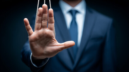 Businessman in suit holding up hand in stop gesture