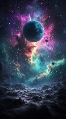 A vivid fantasy space illustration featuring a beautiful galaxy with planets, asteroids, and stars against a colorful nebula background, showcasing celestial scenes in deep space with vibrant purple, 