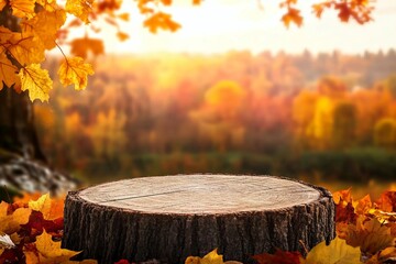 Beautiful autumn landscape with stump in the forest. Colorful foliage in the park. Falling leaves natural background. Mockup podium for product presentation.