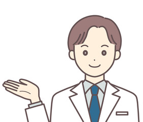 案内する白衣の男性のイラスト（肌の色あり）