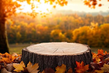 Beautiful autumn landscape with stump in the forest. Colorful foliage in the park. Falling leaves natural background. Mockup podium for product presentation.