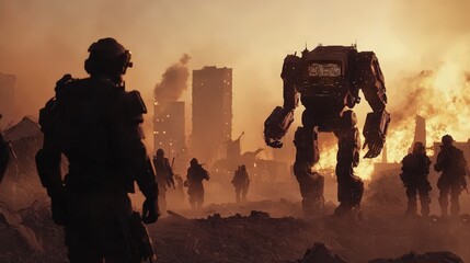An army officer and a humanoid robot lead troops through a glowing war-torn cityscape under a smoky sky