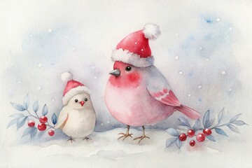 Watercolor birds wearing santa hats christmas winter holiday