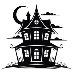 Black silhouettes of a haunted castle and house stand against a spooky night sky with a cartoon moon