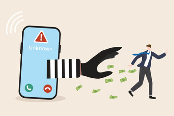Scammer or cyber security concept. Businessman escape unknown call or risk e-mail. Mobile phone with warning and thief hand with money vector flat illustration.