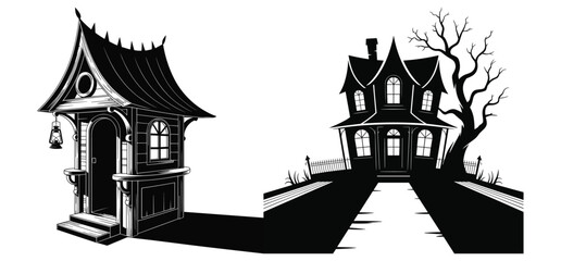 Vector art shows an old fantasy castle building with a tower against a night sky and moon silhouette
