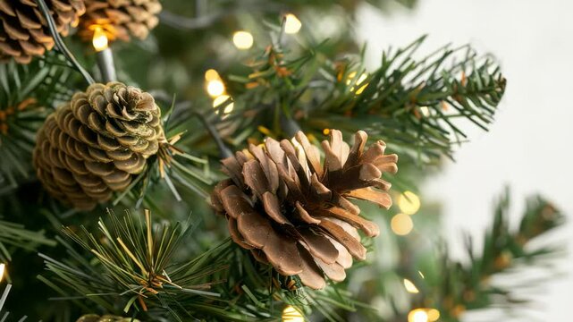 A detailed view of a pinecone on a tree, showcasing its intricate details. Soft, warm lighting highlights its texture. A nature-inspired holiday decor, emphasizing the natural beauty.