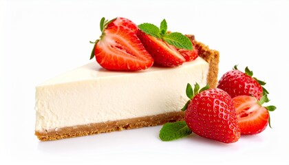 Slice of strawberry cheesecake isolated on white background