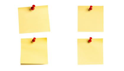 Yellow blank sticky notes or reminder notepaper with a thumbtack or push pin on a board for an office message or business memo
