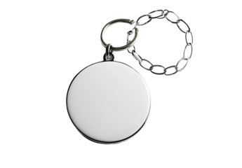 A plain white circular keychain with a silver metal rim and a small silver chain hangs against a black background.  The keychain is blank, ready for personalization