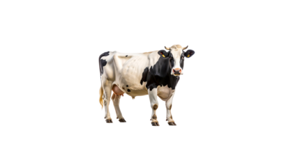 Black and white dairy cow with horns standing on green grass on white background.
