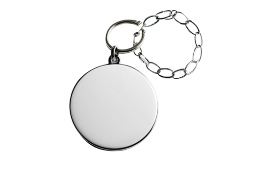 A plain white circular keychain with a silver metal rim and a small silver chain hangs against a black background.  The keychain is blank, ready for personalization