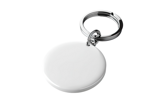 A blank, circular metal keychain with a silver keyring hangs at a slight angle against a black background.  The keychain's surface is smooth and ready for personalization