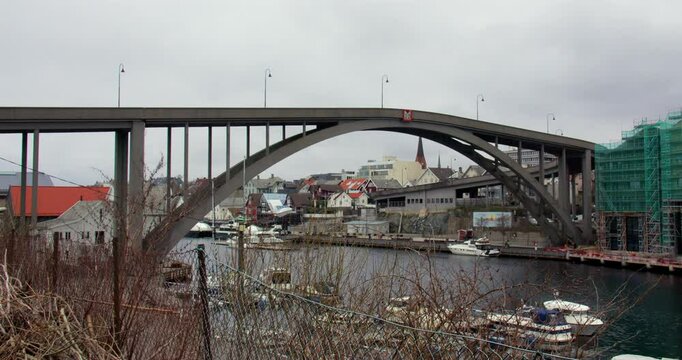 Wide shot facing northwest of the Ris&oslash;y Bridge at Haugesund