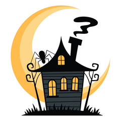 A spooky halloween night illustration shows a haunted house silhouette with bats under a dark sky with a full moon