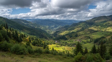 Obraz premium Green mountains and valley under a cloudy sky with trees and vegetation.