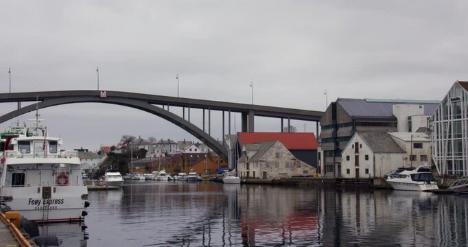 wide shot Looking south to Ris&oslash;y broen Bridge at Haugesund
