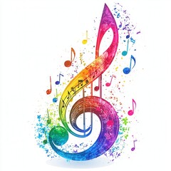 pride month concept, Colorful musical treble clef surrounded by floating notes and vibrant splashes.