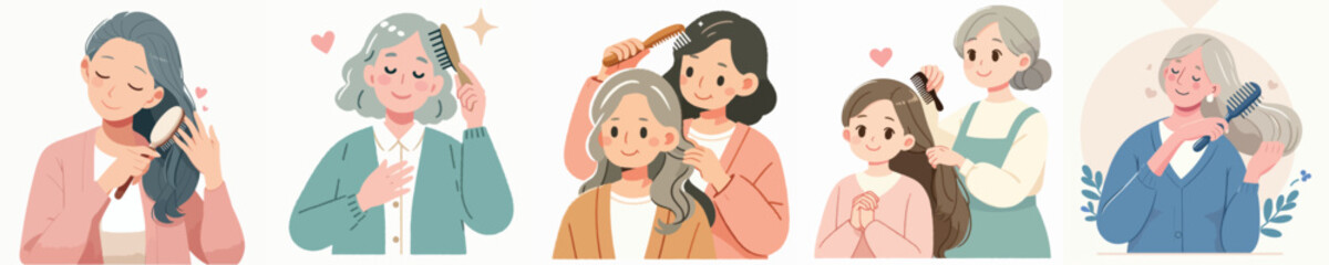 vector of a grandmother combing her hair