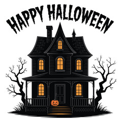 Spooky halloween house vector illustration shows a scary haunted home with bats under the night moon