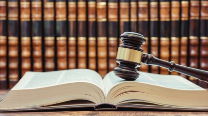 Open law book with gavel resting on it, against a backdrop of many law books