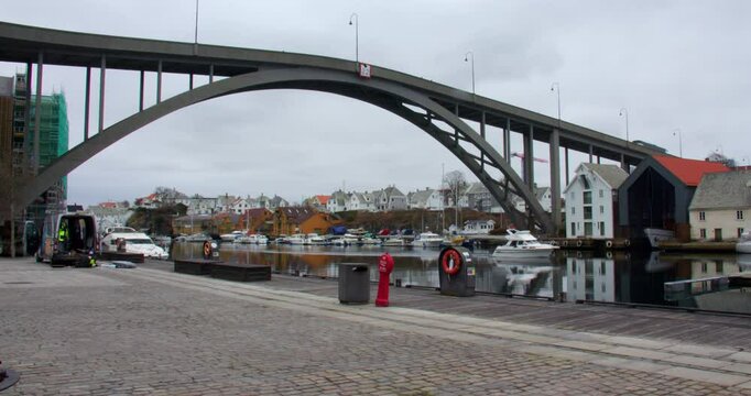 wide shot looking up to Ris&oslash;y broen Bridge at Haugesund