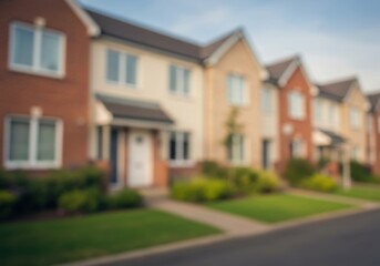 A blurred image shows a row of similar new build houses in a suburban neighborhood with green lawns