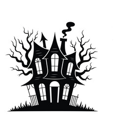 Vector illustration of a spooky cartoon house silhouette on a black night sky