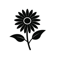 Simple black and white sunflower illustration with stem and leaves isolated on a white background vector format