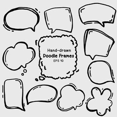 Handdrawn speech bubble collection featuring doodle cartoon chat frames, thought clouds, and comic pop art shapes, perfect for creative designs, graphic stickers, or playful conversation highlights.