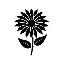 Elegant Black and White Sunflower Illustration with Stem and Leaves for Graphic Design Projects