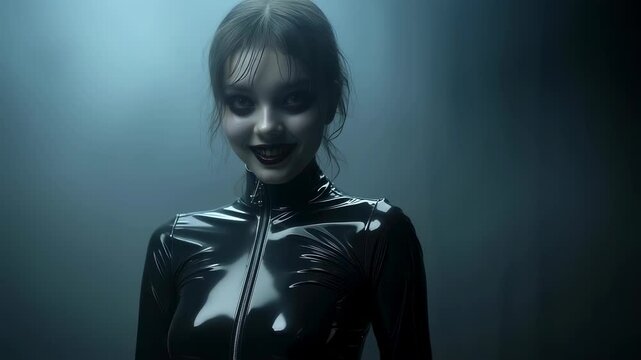 Mysterious woman in black latex smiling in smoky dim light