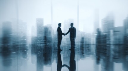 Two people shaking hands in a modern office with city view.