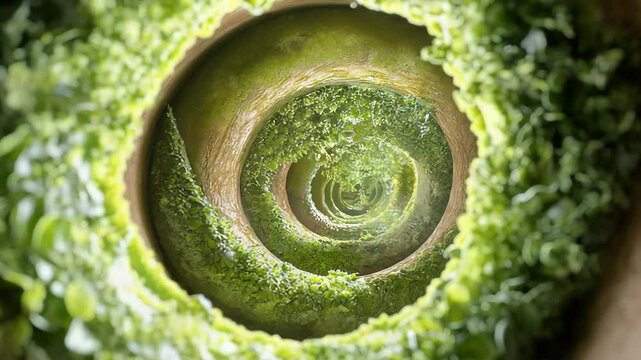 Spiral tunnel of lush green leaves creating a captivating natural vortex.
