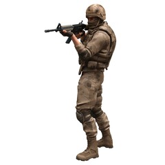 Soldier with a machine gun isolated white background 3d illustration