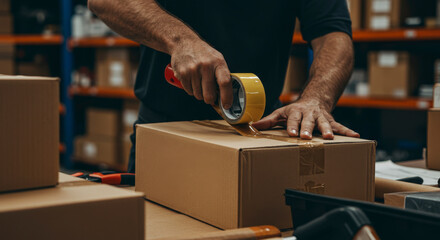 Close Up of a Man's Hands Sealing a Cardboard Box with Packing Tape in a Warehouse