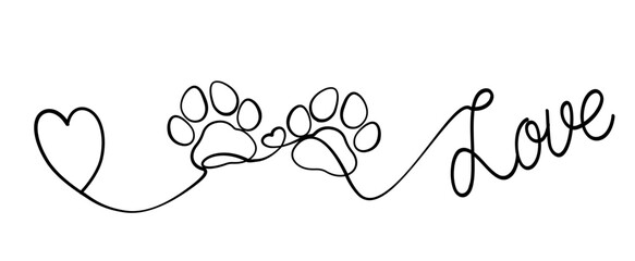 Minimal continuous line illustration starting with a heart, followed by two animal footprints, ending with the word “LOVE”. Ideal for animal lovers, elegant decoration, and vector art.  © roberta