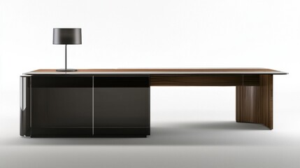 A modern black and brown desk with a lamp and glass cabinet.