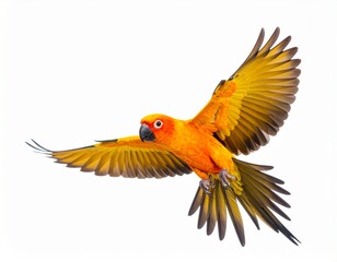 Fototapeta premium Sun parakeet bird aratinga solstitialis flying isolated on white background