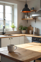 Scandinavian style wooden kitchen with minimalist sink, stove, house plants in the background and a mug of tea in the foreground
