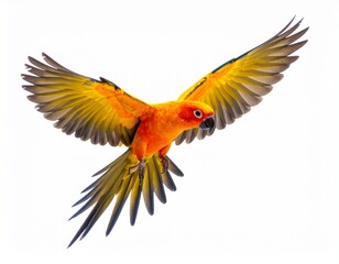 Fototapeta premium Sun parakeet bird aratinga solstitialis flying isolated on white background