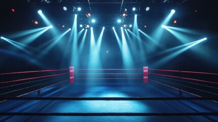 Empty boxing ring illuminated by spotlight