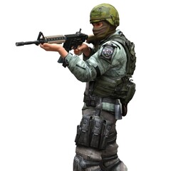 Soldier with a machine gun isolated white background 3d illustration