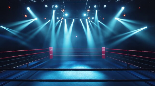 Empty boxing ring illuminated by spotlight - Powered by Adobe