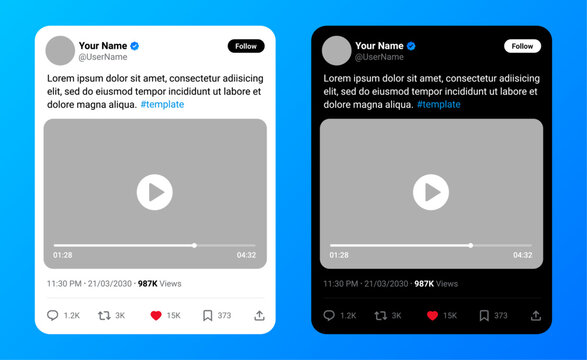 Twitter or X Post UI Template with Video Player Layout Verified Badge, Comment, Like, Retweet Icons, and Notification Interface Design for Social Media App Mockup