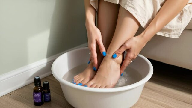Woman soaking feet in white bowl with essential oils at home  